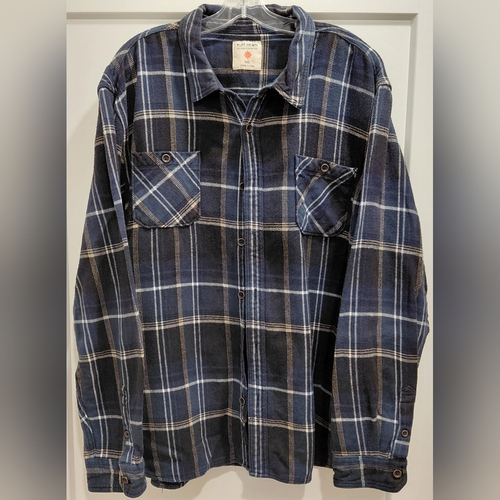 Ruff Hewn Mens XXL Heavy Flannel  Navy, Beige White Plaid Shirt. Hunting Camping